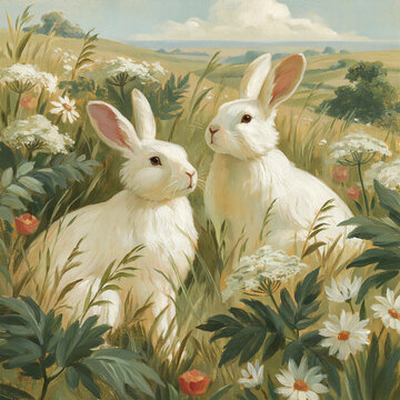 White rabbits sitting among green grass and various wildflowers under a calm sky, depicting spring nature in a painted artwork