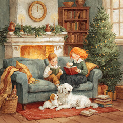 Fototapeta premium Children are reading books on a sofa with two dogs by a crackling fireplace and decorated Christmas tree in a cozy home
