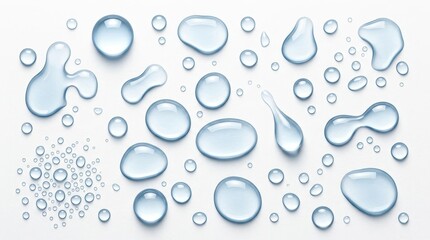 Naklejka na ściany i meble Collection of Transparent Water Droplets and Liquid Splashes on White Surface, Macro View of Fresh Condensation