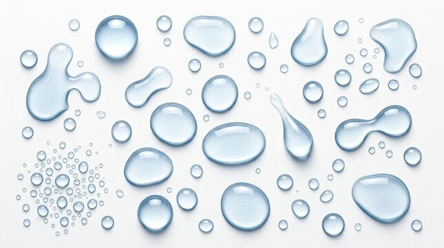 Collection of Transparent Water Droplets and Liquid Splashes on White Surface, Macro View of Fresh Condensation
