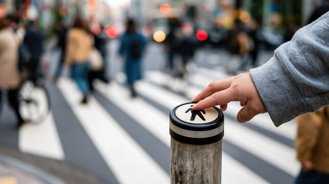 Anonymous pedestrian hand pressing round street button beside busy urban crosswalk with blurred city traffic