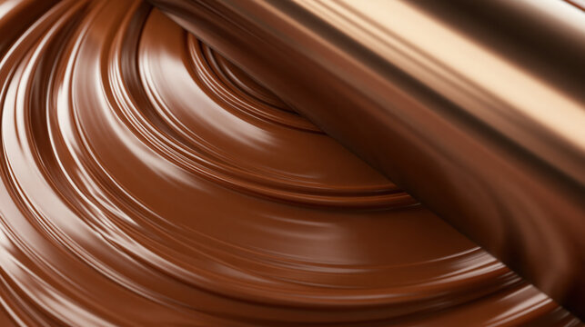 Close up chocolate spread processing with glossy brown texture and smooth swirl creating appetizing abstract food background