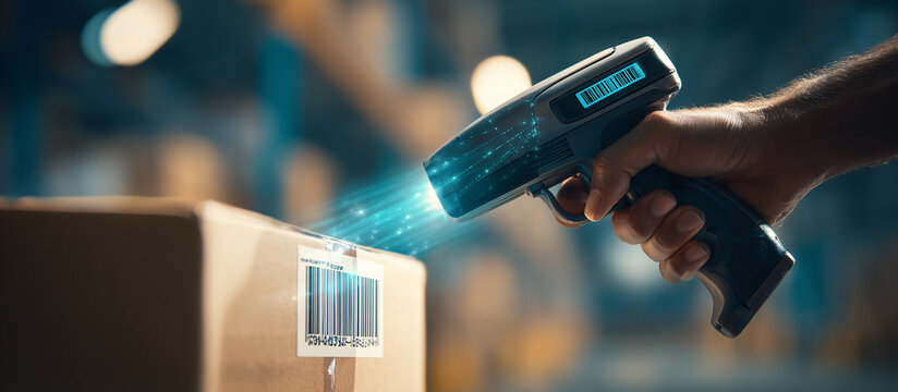 handled barcode scanner reading a shipping label