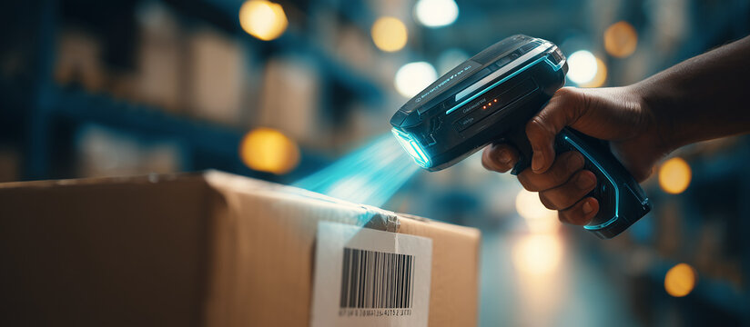 handled barcode scanner reading a shipping label