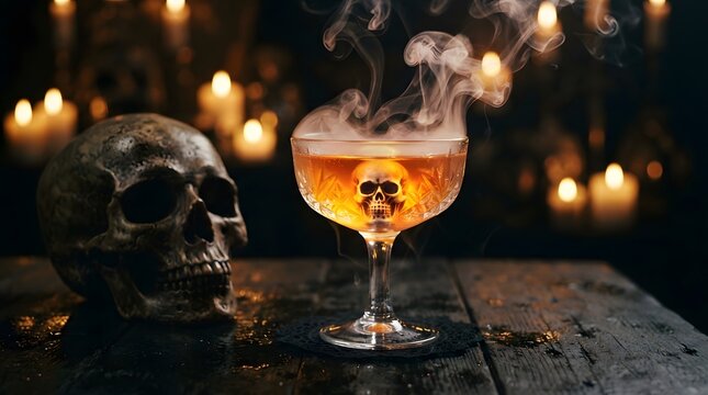 Smoking cocktail glass with skull inside and skull on table