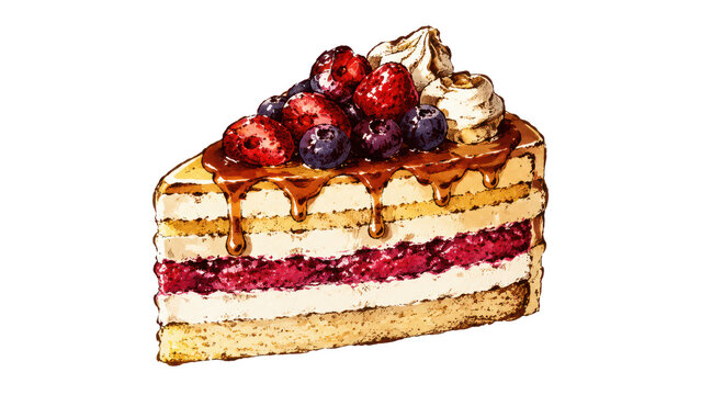 Illustrated berry cake slice with cream and caramel topping