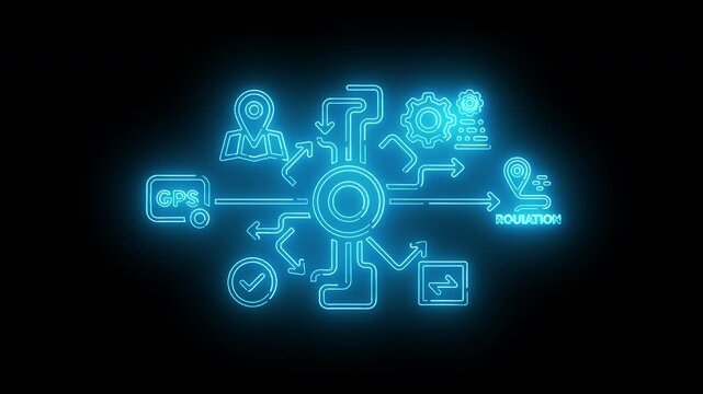 Centralized neon blue location map hub routing GPS data traffic and spatial navigation points in cyber network