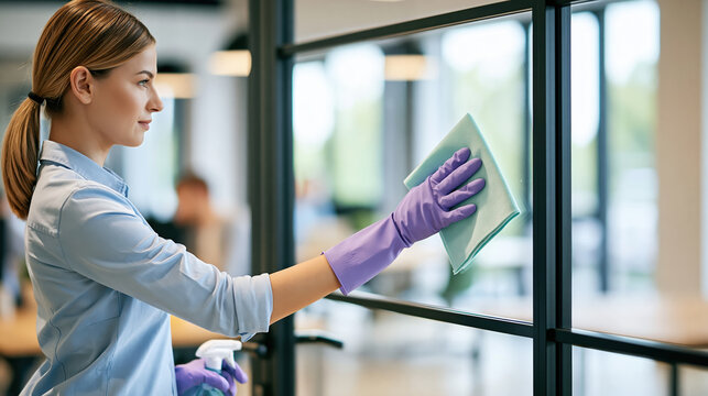 Woman cleaning glass window with cloth while wearing protective gloves in modern office setting
