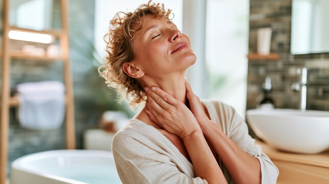 Woman gently massages neck and chest with closed eyes in a sunlit spa bathroom, elegant linen robe, calm natural skincare ritual for confident mature beauty.