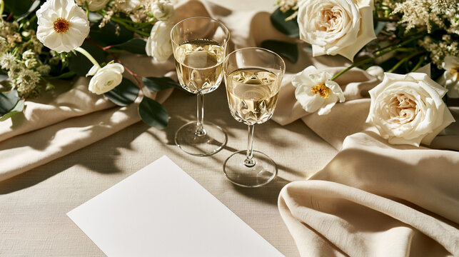 Elegant wedding table flat lay with crystal glasses of sparkling drink, cream roses and blank invitation card, capturing luxury reception styling and floral romance.