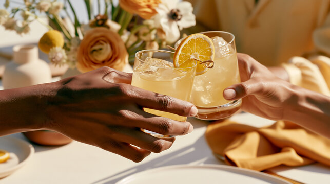 Two hands exchange citrus garnished cocktails at an elegant dinner gathering, warm golden light, floral and ceramic details, luxury alcohol free hosting moment.