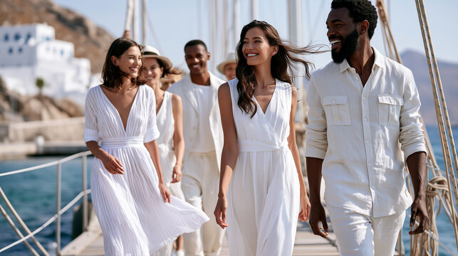 Group of friends in white linen resortwear stroll laughing along sunlit marina pier, sailboats and sparkling sea behind, elegant coastal summer vacation lifestyle moment.