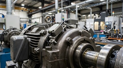 Fototapeta premium Industrial electric motor with vibration sensors in a modern manufacturing factory facility