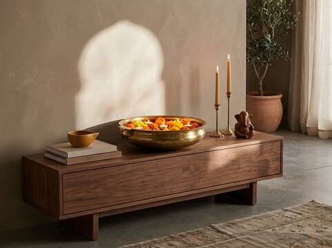 Elegant home interior decorated with a golden bowl of glowing lights for the traditional diwali festival celebration