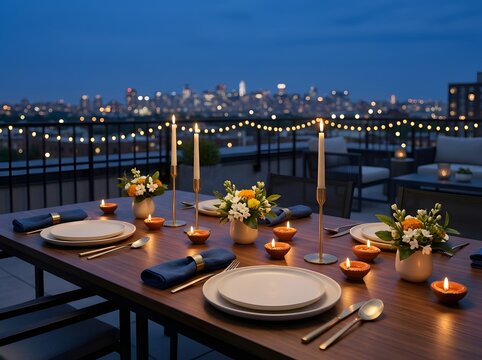 A beautiful outdoor dinner table set for a festive diwali celebration with glowing oil lamps and city skyline