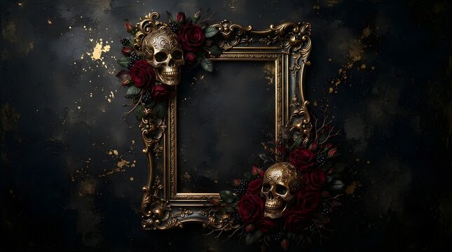 Ornate gothic picture frame with skulls and red roses