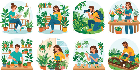 Fototapeta premium Plant Care and Gardening Hobby Illustration Collection with Indoor Greenery