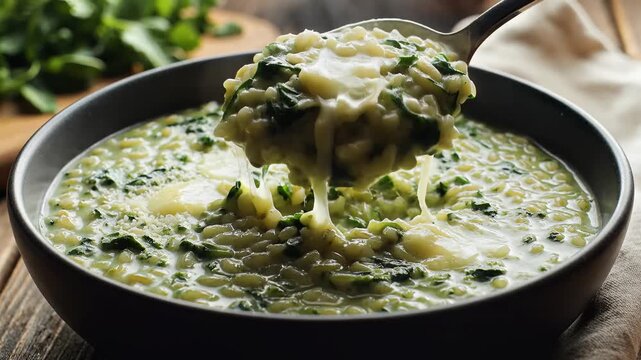 Spoonful of creamy spinach risotto with melting cheese strings in a dark bowl on a wooden table