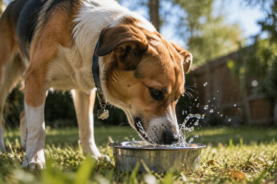 Dog drinking water from metal bowl in backyard, pet hydration and thirst