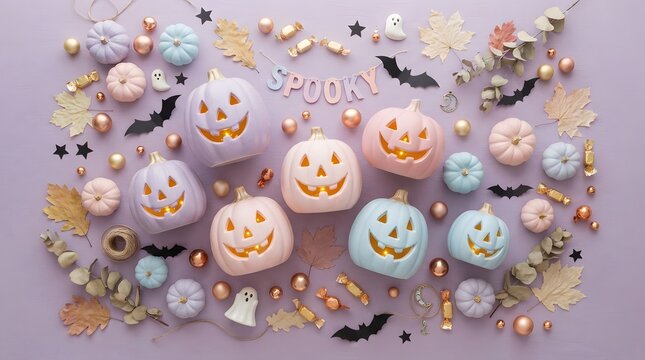 Pastel halloween flat lay with pumpkins, ghosts, and bats