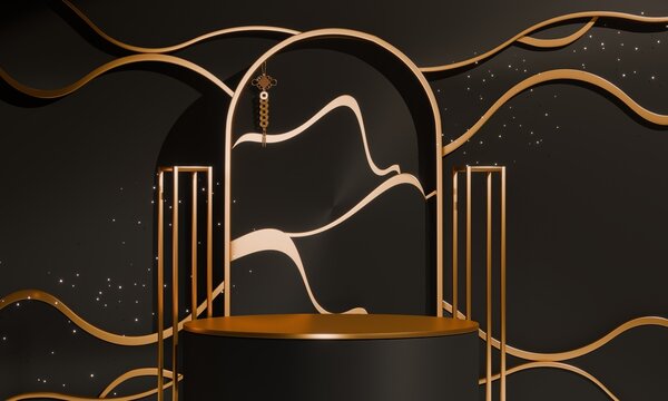Dark black concept style ,Podium display minimal geometric abstract and decoration chinese style.3D rendering