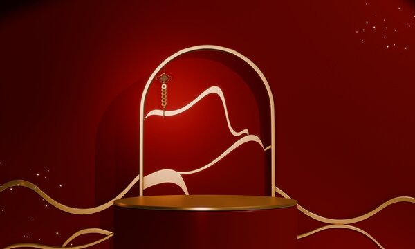 Chinese concept red wedding style with display stand ,stage podium  chinese for present products.3D rendering