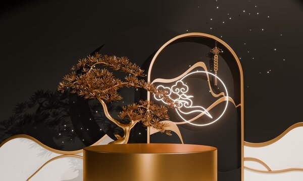 Dark black concept style ,Podium display minimal geometric abstract and decoration chinese style.3D rendering