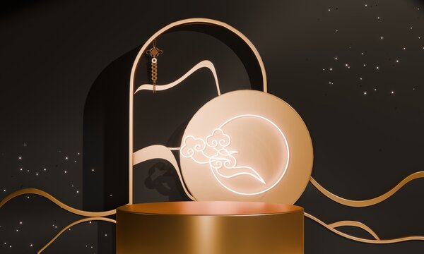 Dark black concept style ,Podium display minimal geometric abstract and decoration chinese style.3D rendering