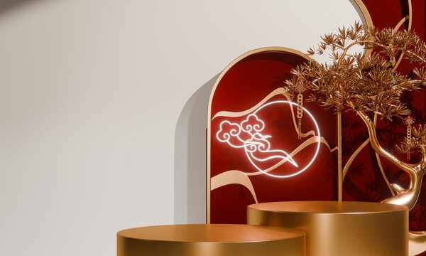 Chinese concept red wedding style with display stand ,stage podium  chinese for present products.3D rendering