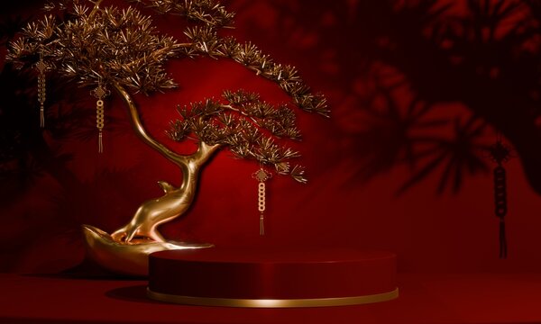 Chinese concept red wedding style with display stand ,stage podium  chinese for present products.3D rendering