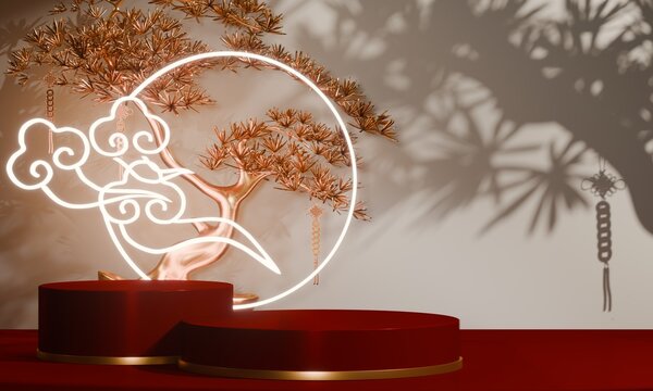 Chinese concept red wedding style with display stand ,stage podium  chinese for present products.3D rendering