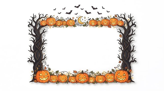 Halloween frame with pumpkins and spooky trees isolated on white background