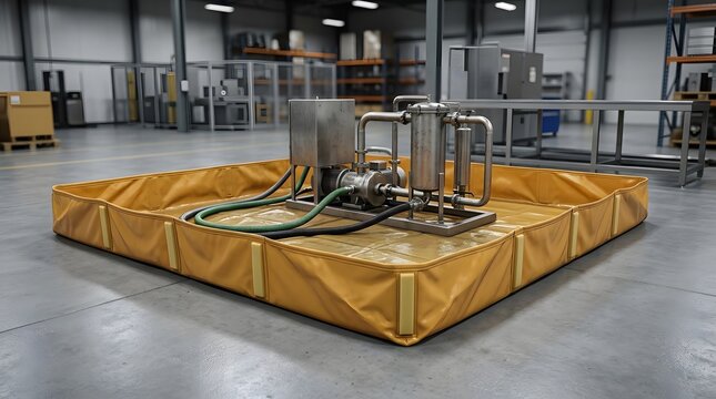 Spill containment berm surrounding industrial equipment in a warehouse facility