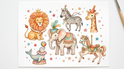 Naklejka premium Cute Watercolor Circus Animals Collection with Lion, Elephant, Zebra, Giraffe, Seal, and Carousel Horse for Nursery Decor