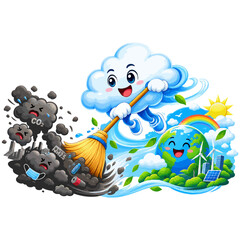 Fototapeta premium Cute cloud mascot sweeping away air pollution PM2.5 and CO2 smoke for clean air and environmental protection concept vector illustration isolated on transparant background