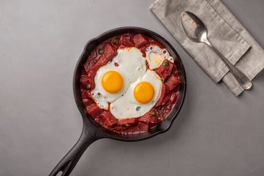 Shakshuka with eggs poached in tomato pepper sauce served in black frying pan. Concept of vibrant colors, delicious presentation, perfect brunch dish for food lovers.