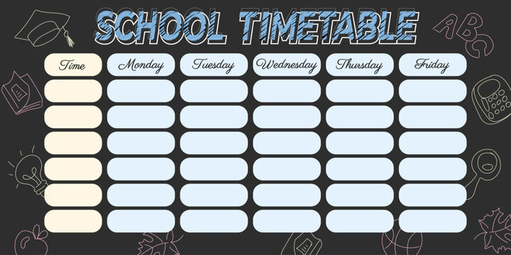 Back to school timetable weekly planner template with chalk doodles on dark background. Organized lesson schedule chart for students, kids organizer and classroom wall art, vector illustration