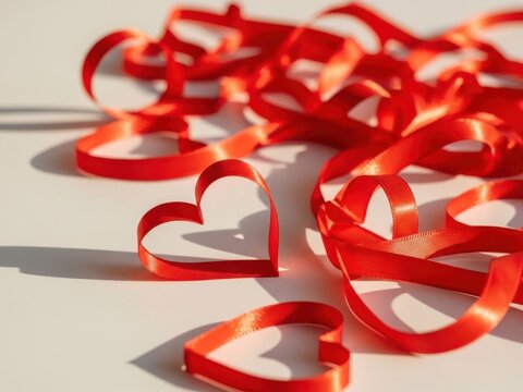 Red satin ribbon hearts on a white background