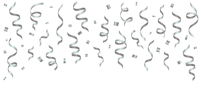 Sfondo festivo con stelle filanti argentate che cadono dall'alto su uno sfondo bianco pulito, perfetto per celebrazioni, compleanni, capodanno e eventi speciali.