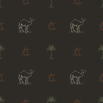 Diriyah Inspired Series: camel palm and coffee pot quincunx seamless pattern in Diriyah night