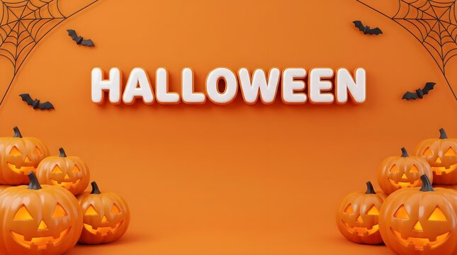 Festive halloween scene with illuminated word art pumpkins and bats on a vibrant orange background for seasonal celebrations