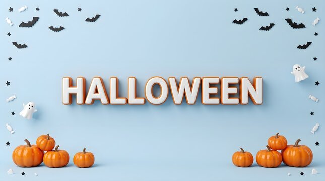 Festive halloween display with wooden letters pumpkins bats and a ghostly atmosphere perfect for seasonal celebrations