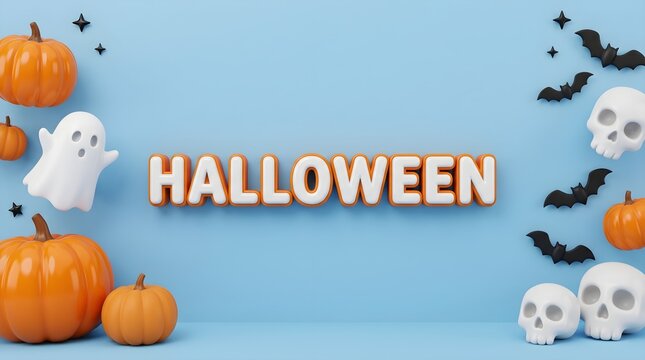 A festive halloween display featuring pumpkins friendly ghosts spooky skulls dark bats and wooden block letters that spell halloween