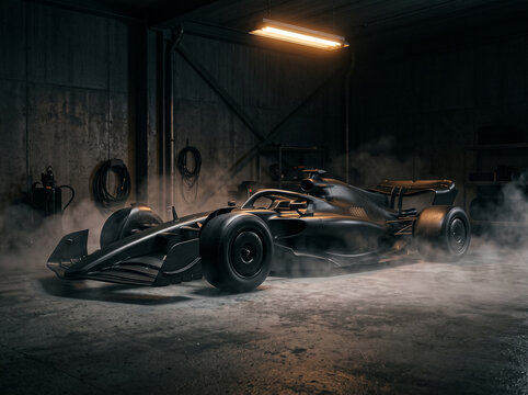 dark carbon formula racing car parked in foggy garage under warm lamp light on wet concrete floor