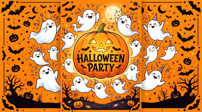 Cute halloween party background with cartoon ghosts and pumpkins