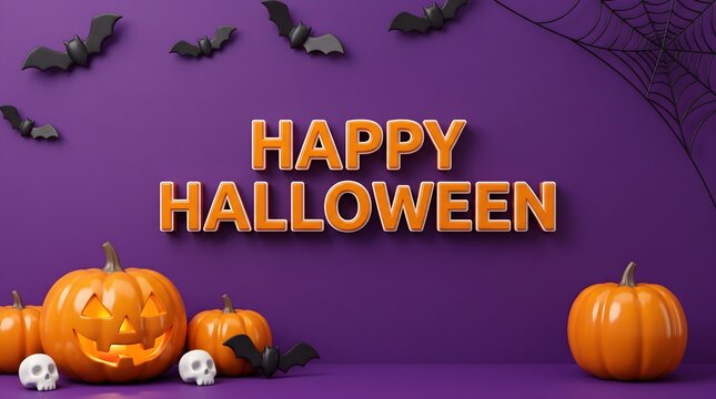 Festive halloween scene with pumpkins bats and a vibrant happy halloween text on a purple background