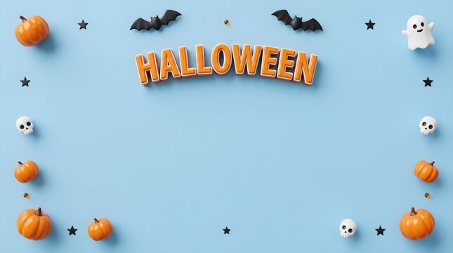 A delightful halloween festive arrangement featuring pumpkins adorable ghosts spooky bats and vibrant colorful lettering on a light blue backdrop
