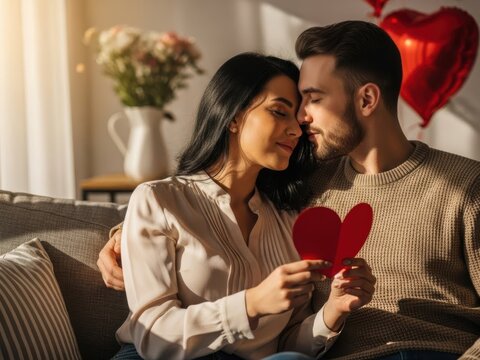 A romantic couple sitting on a sofa, holding a red paper heart together, with a vase of flowers and a heartshaped balloon in the background