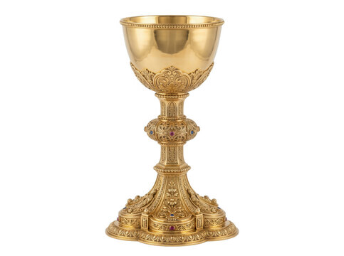 Un calice liturgico in oro finemente lavorato con decorazioni in rilievo e pietre preziose incastonate, isolato su uno sfondo bianco puro per uso cerimoniale o religioso.