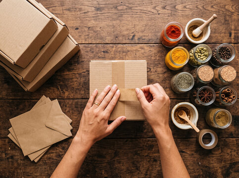 hands sealing cardboard box with paper tape on wooden table surrounded by spice jars envelopes twine and mortar for order shipping